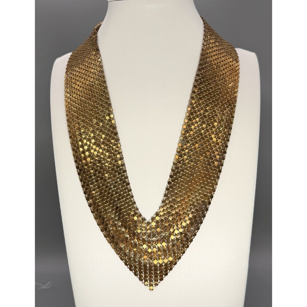 Vintage Gold Tone Metal Mesh Bib Necklace Draped Statement V Collar Disco